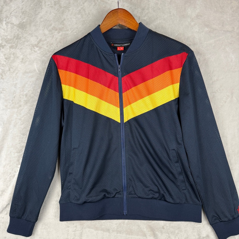 Perfect Moment Navy Mesh Bomber Jacket Chevron Stripe Zip Up Mens Large